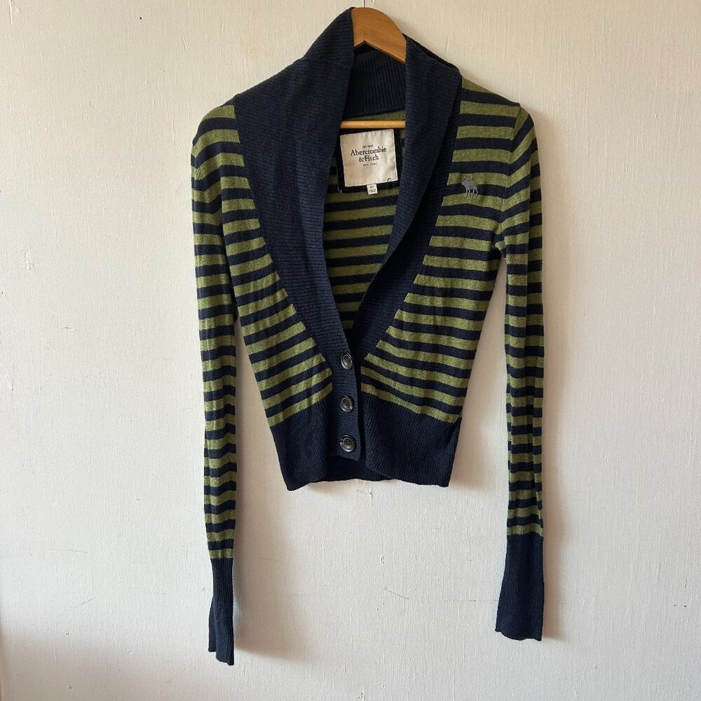 Abercrombie + Fitch Y2K Cardigan Womens XS Blue Striped Pockets Wool Preppy